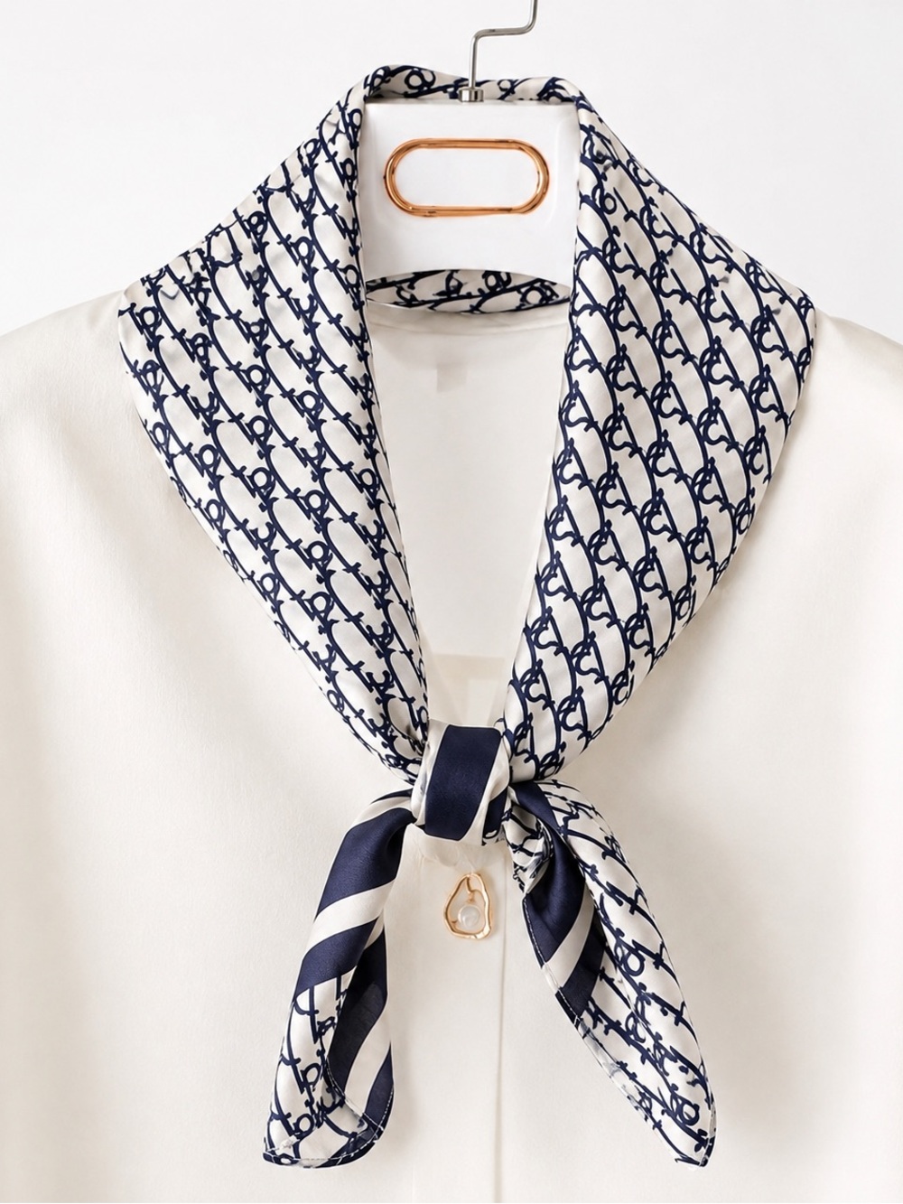 Navy & White Patterned Silk Scarf - Designer-Inspired Women’s Accessory